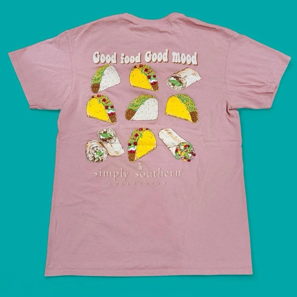 Simply Southern Taco Burrito Graphic T Shirt Women M Pink “Good Food Good Mood”